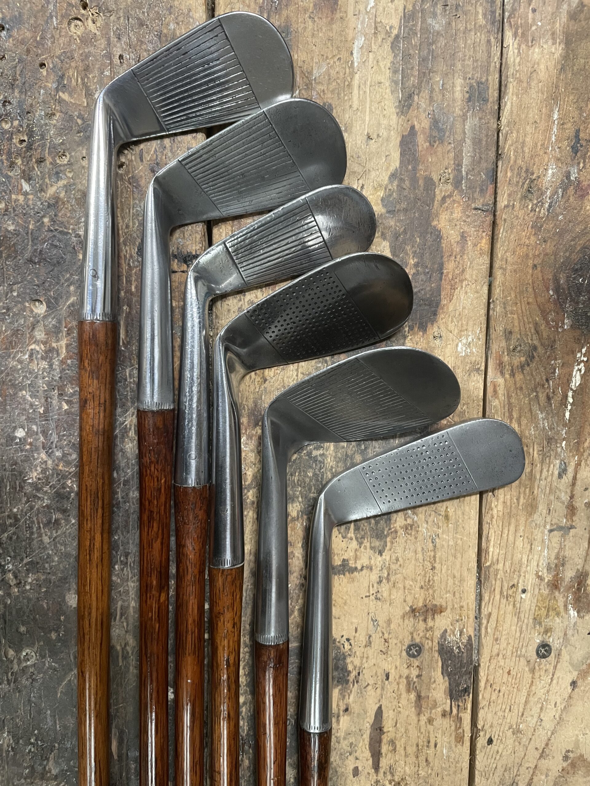 Playable set of 6 True Line Rustless hickory irons, Scotland c.1920-1930