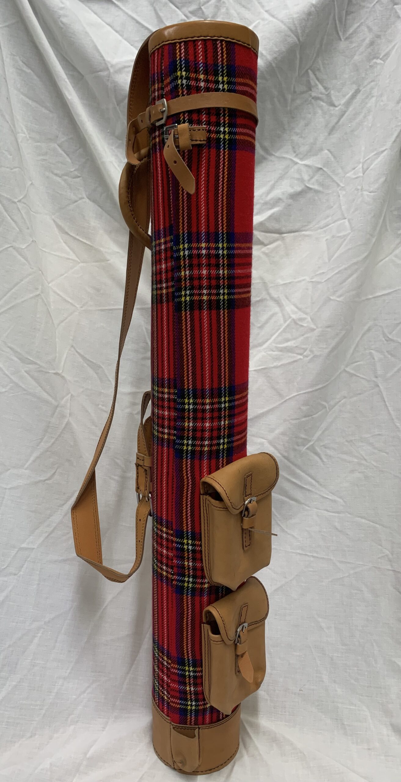New Red Tartan & Leather Pecil Bag with two ball pockets