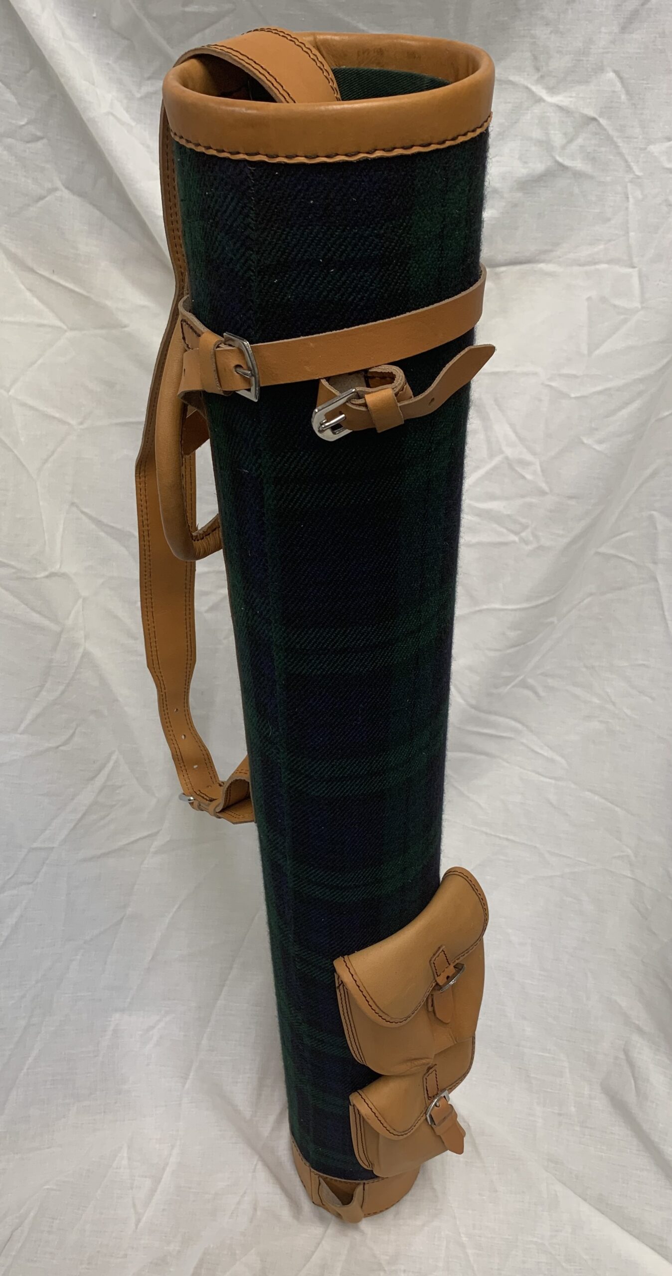 New Green Tartan and Leather Pencil Bag with two ball pockets