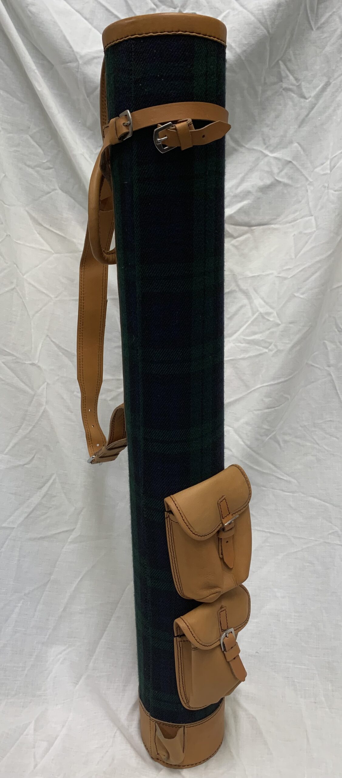 New Green Tartan and Leather Pencil Bag with two ball pockets
